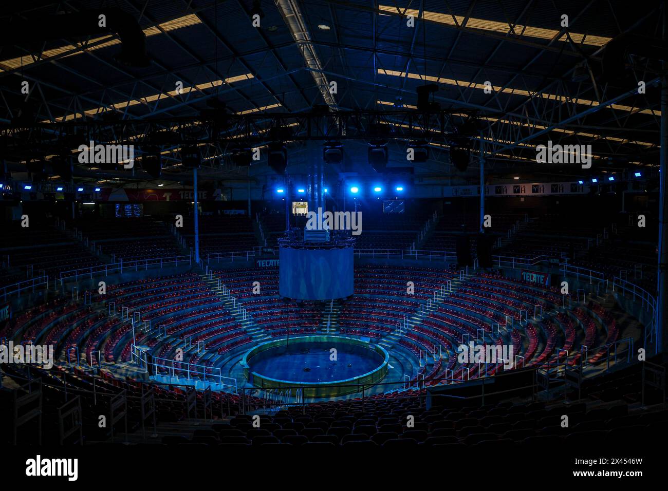 Palenque of the Sonora Livestock Expo and seats with blue lighting Hermosillo in April 2024. (Photo by Luis Gutierrez/Norte Photo)  Palenque de la Expo Ganadera de Sonora y butacas con iluminacion de color azul Hermosillo a  Abril 2024. (Photo by  Luis Gutierrez/Norte Photo) Stock Photo