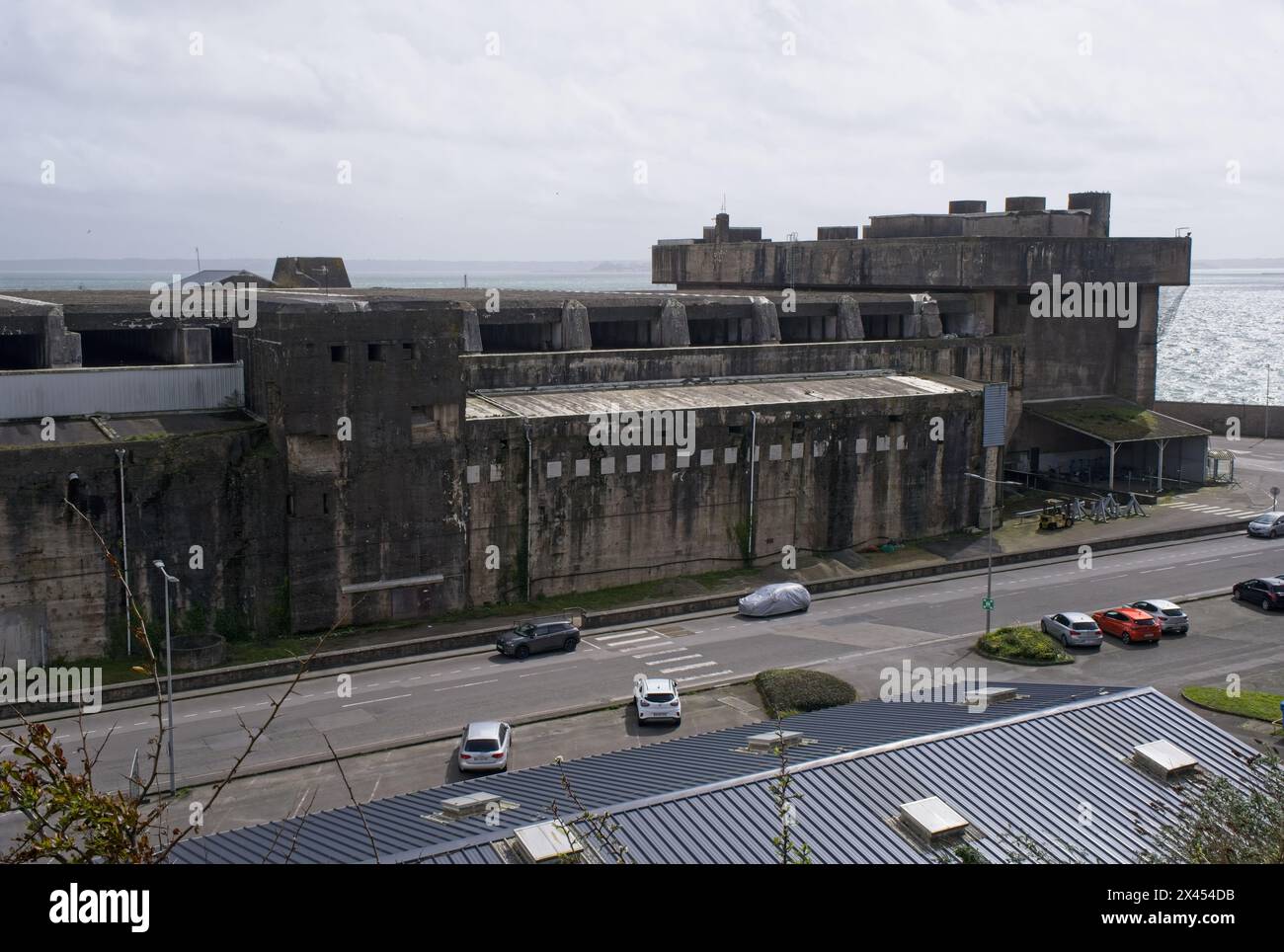 Brest, France - Apr 6, 2024: German submarine base in Lorient. It's a fortified U-boot pens built by Germany during the Second World War. Spring day. Stock Photo