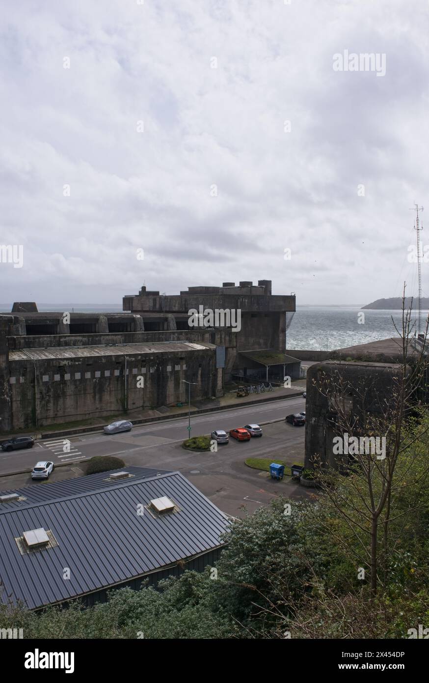 Brest, France - Apr 6, 2024: German submarine base in Lorient. It's a fortified U-boot pens built by Germany during the Second World War. Spring day. Stock Photo