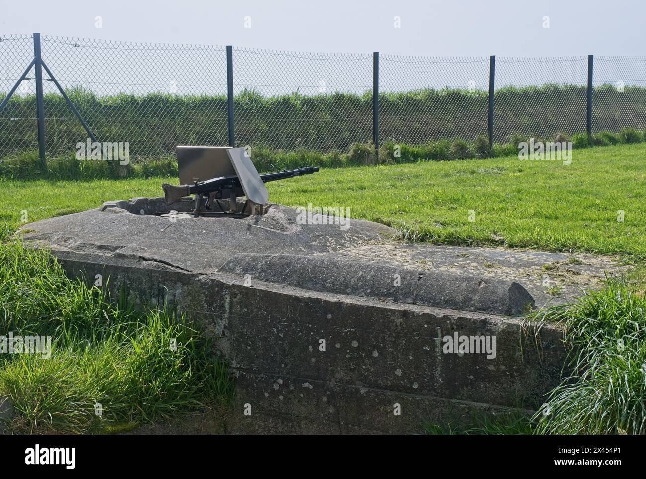 Plougonvelin, France - Apr 7, 2024: MG42 machine gun nest. Graf Spee Battery Fire Control Post during the Second World War. Sunny spring day. Selectiv Stock Photo
