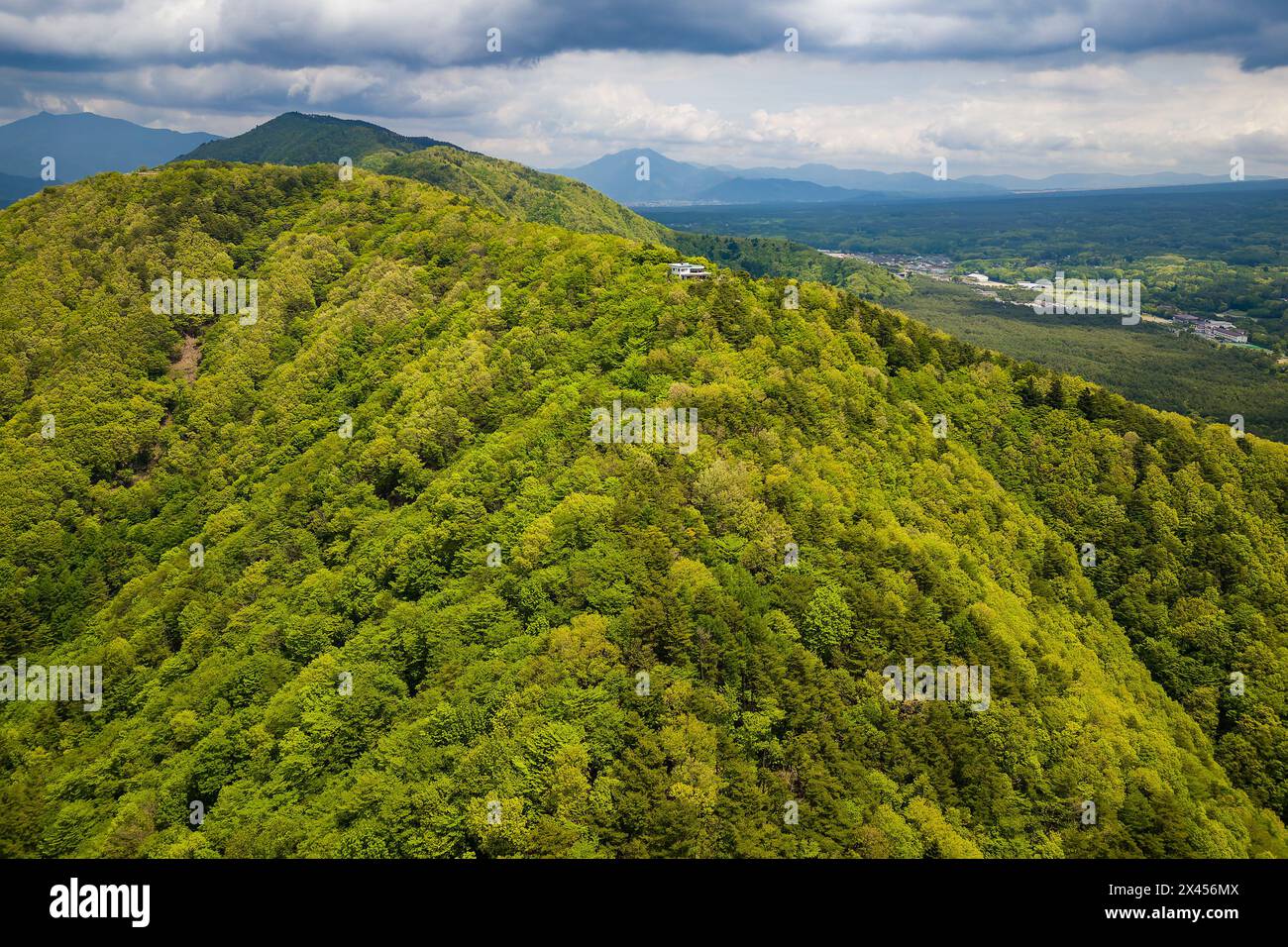 Aerial view of a mountain ridge covered in lush green forest next to a ...