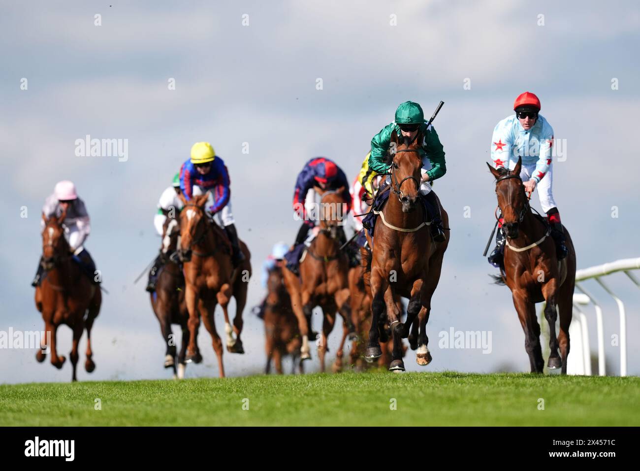 Elforleather ridden by Edward Greatrex (second right) on their way to winning the Old Ship Brightons Oldest Hotel Handicap at Brighton Racecourse. Picture date: Tuesday April 30, 2024. Stock Photo