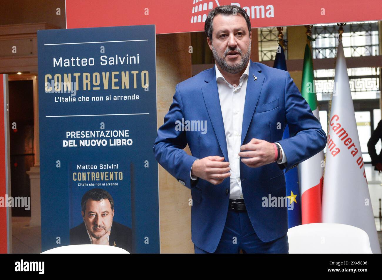 Italy, Rome, April 30, 2024 : Adriano Temple, Matteo Salvini presents his book 'Controvento' (Against the Wind)   Photo © Stefano Carofei/Sintesi/Alamy Live News Stock Photo