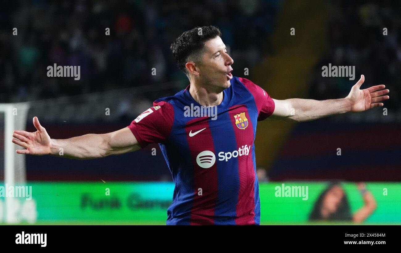 Barcelona, Spain. 29th Apr, 2024. Robert Lewandowski of FC Barcelona during the La Liga EA Sports match between FC Barcelona and Valencia CF and played at Lluis Companys Stadium on April 29, 2024 in Barcelona, Spain. (Photo by Alex Carreras/IMAGO) Credit: PRESSINPHOTO SPORTS AGENCY/Alamy Live News Stock Photo