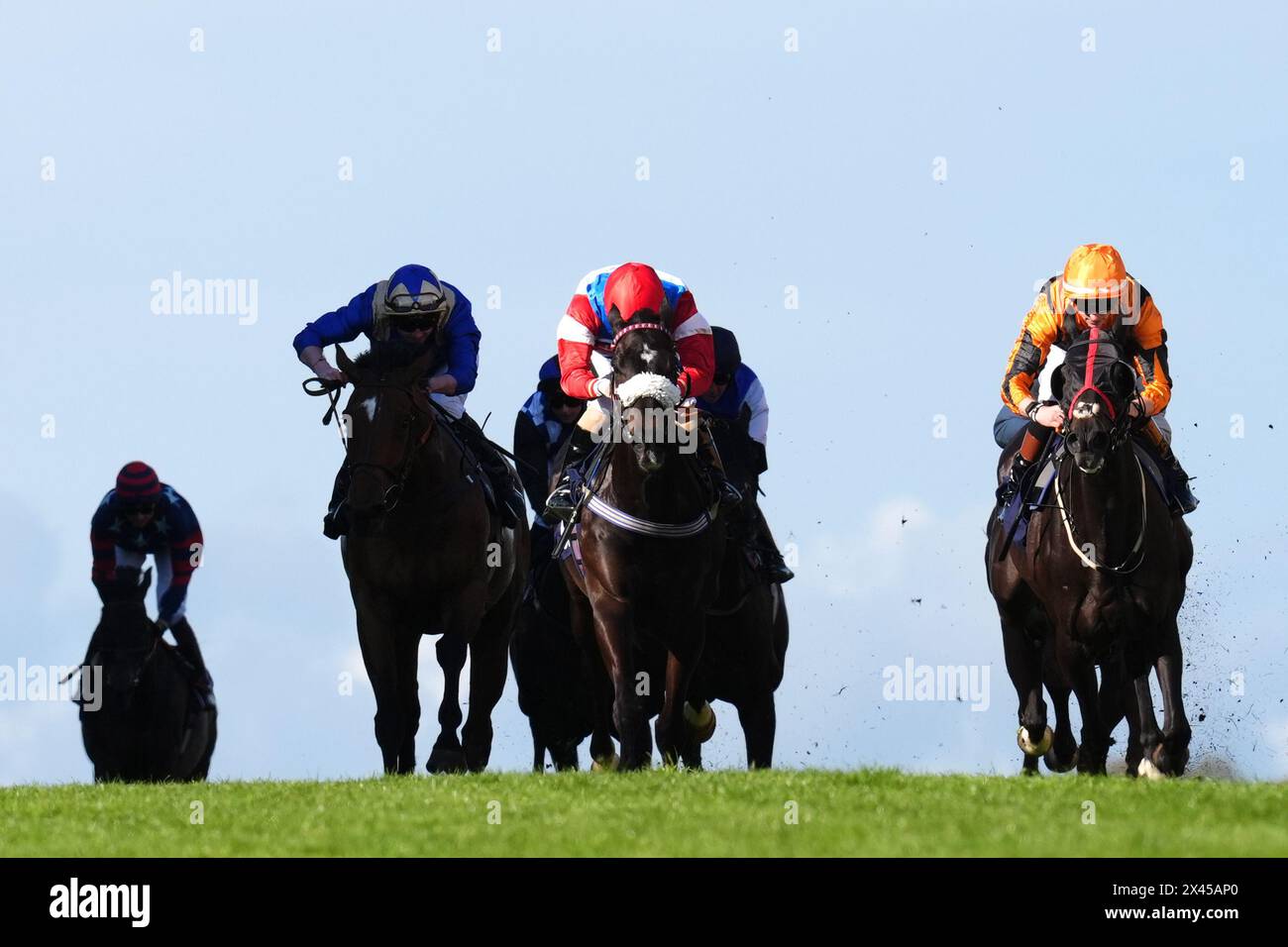 On The Nose ridden by Sean Kirrane (right) on their way to winning the 15th Century Old Ship Hotel Brighton Handicap at Brighton Racecourse. Picture date: Tuesday April 30, 2024. Stock Photo