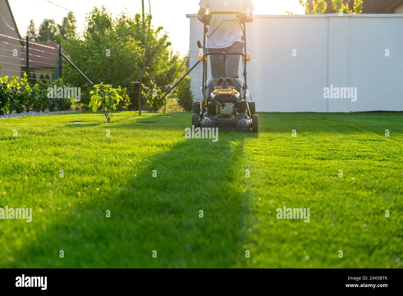 green grass cutting with lawn mower in home garden . Stock Photo