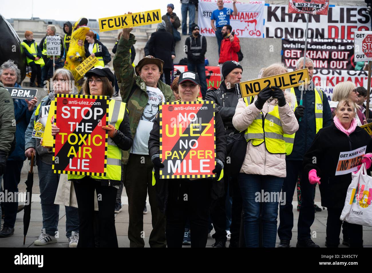 On April 27th as part of the campaign for Mayor of London people campaign against ULEZ in Trafalgar Square Stock Photo