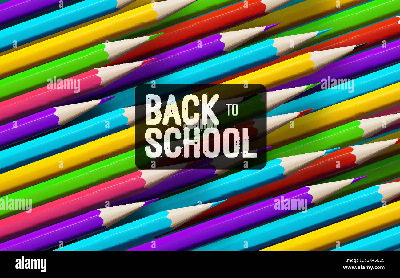 Back to school white vintage banner on colorful pencils background. Vector 3d illustration. Stationery items. Educational banner design Stock Vector