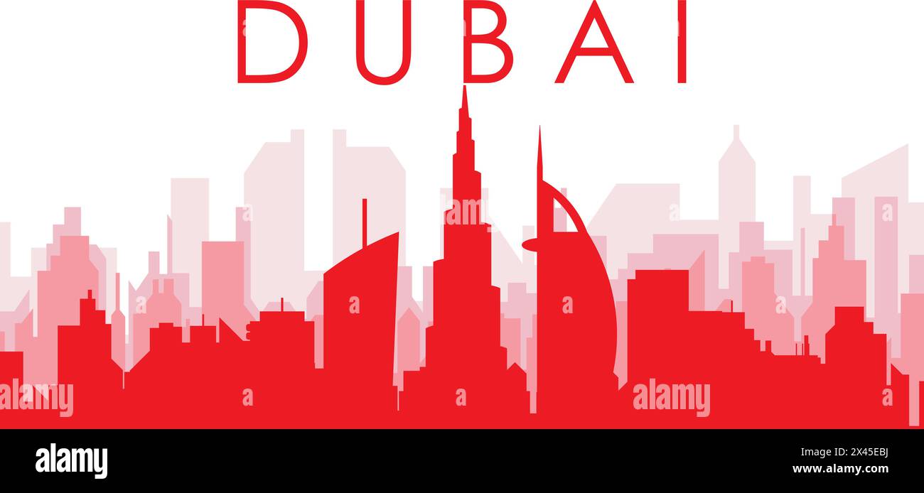 Red panoramic city skyline poster of DUBAI, UNITED ARAB EMIRATES Stock Vector