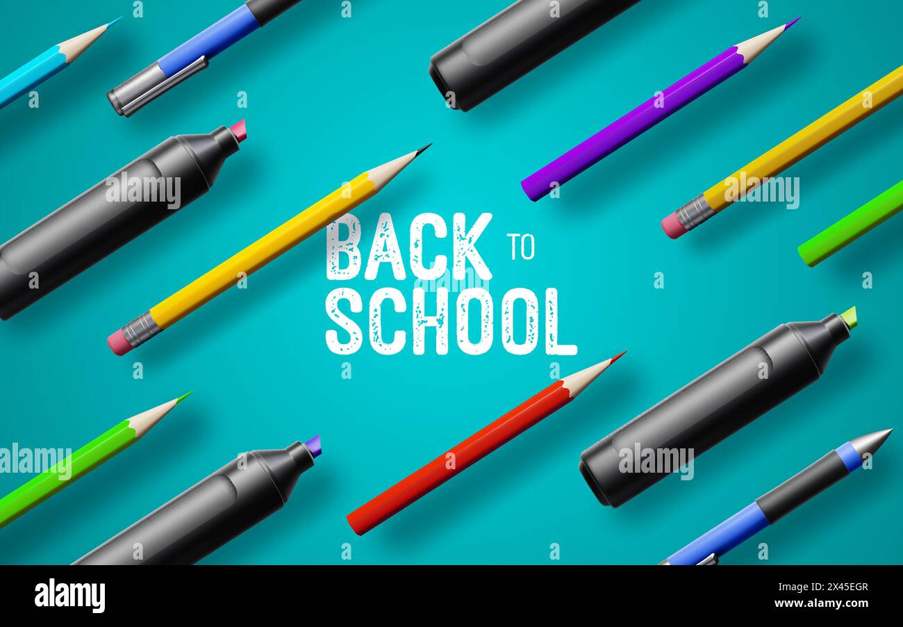 Back to school white vintage banner with school supplies on blue background. Vector 3d illustration. Stationery items. Pens, pencils and marker pens. Stock Vector