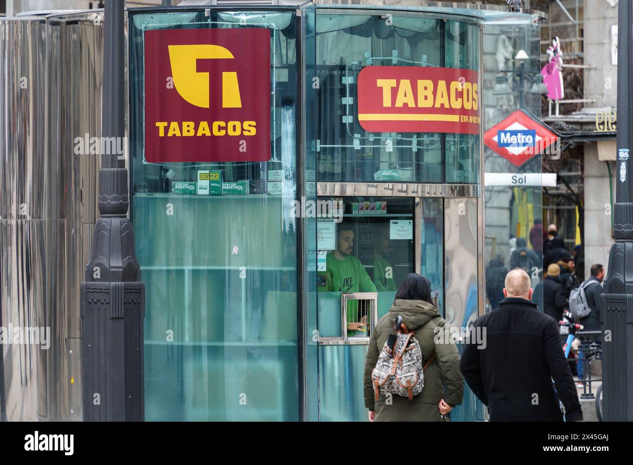 Madrid, Spain. February 11, 2024 - Tobacconist kiosk on Puerta Del Sol square Stock Photo