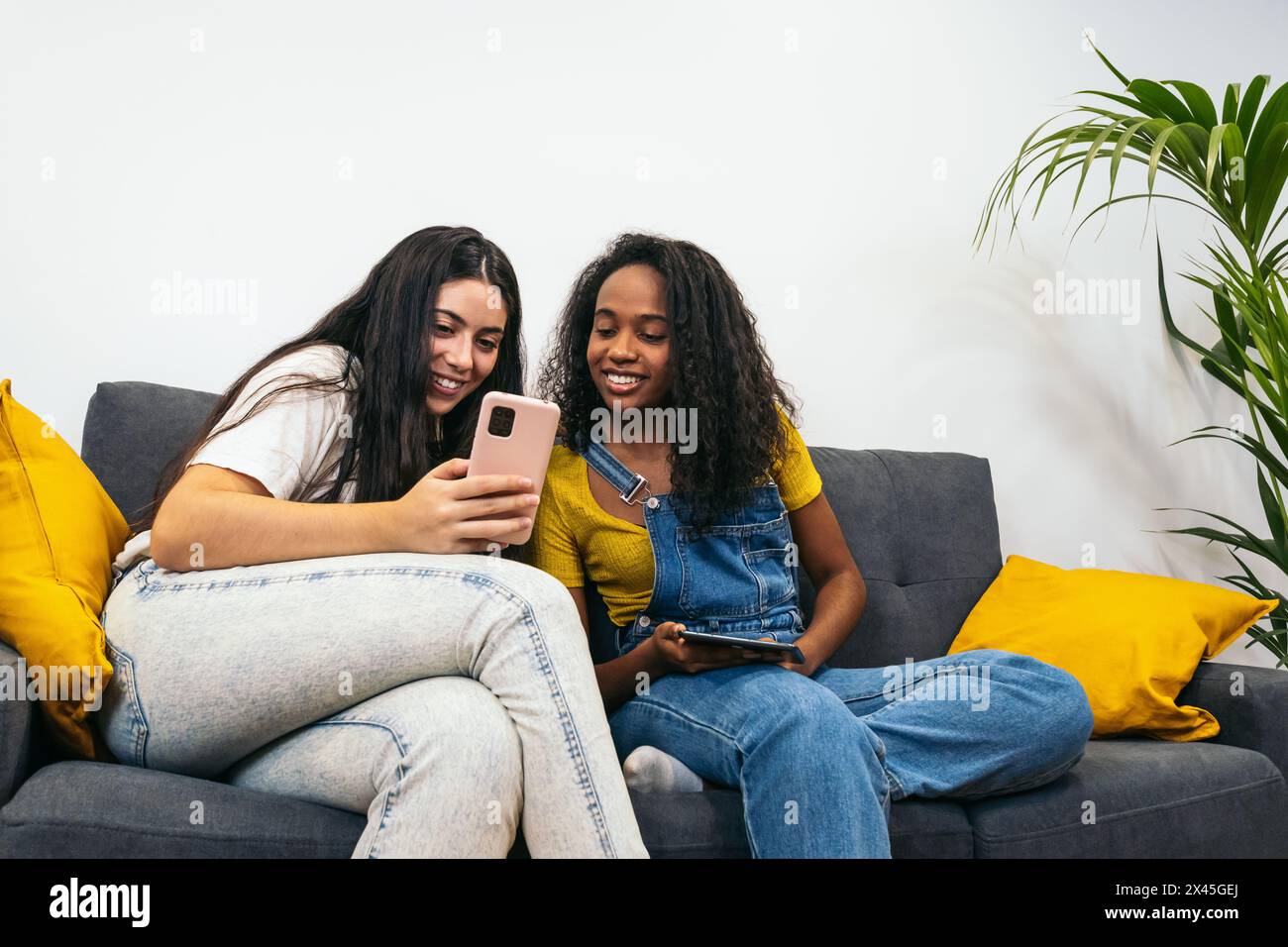 Connected at home: Two young women using mobile devices Stock Photo