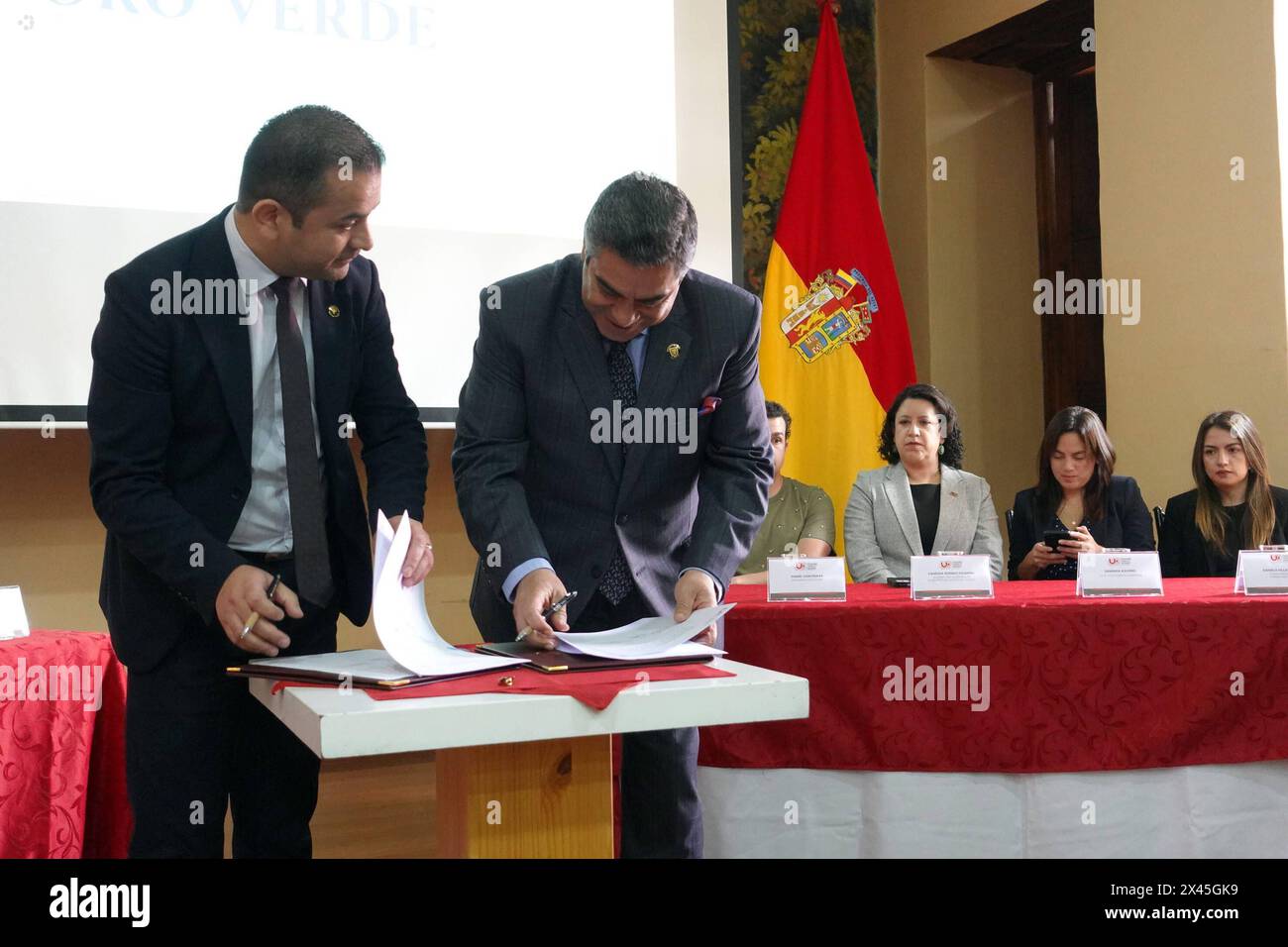 CUENCA SIGNS AGREEMENT HOTEL COMPANIES Cuenca, Ecuador April 30, 2024 This morning in the Teatrina of the Prefecture of Azuay was developed the signing of agreements for the practical training of students of what will be the career of Higher University Technology in Gastronomy, Dual Mode, through the application of the Theoretical and Practical Curriculum Plan, according to the provisions of the Regulations of Academic Regime and the Regulations for Careers and Programs in Dual Mode The Catholic University of Cuenca, its Academic Unit of Higher Technical and Technological Training CatoTec, the Stock Photo