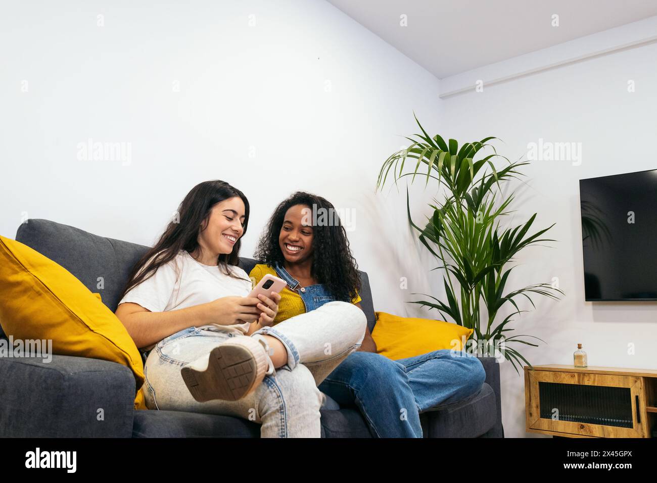 Connected at home: Two young women using mobile devices Stock Photo