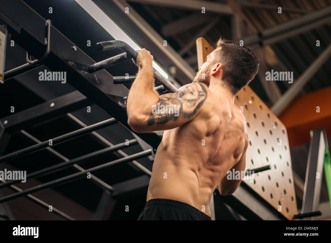 male athlete doing pull ups in a gym Stock Photo