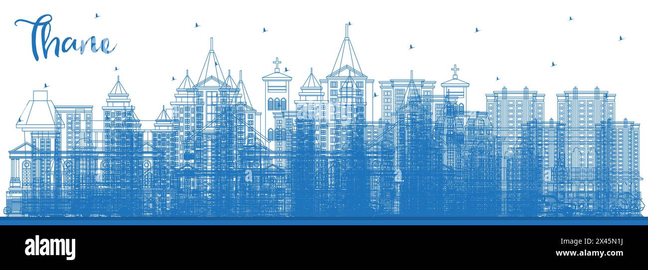 Outline Thane India City Skyline with Blue Buildings. Vector Illustration. Business Travel and Tourism Concept with Historic and Modern Architecture. Stock Vector