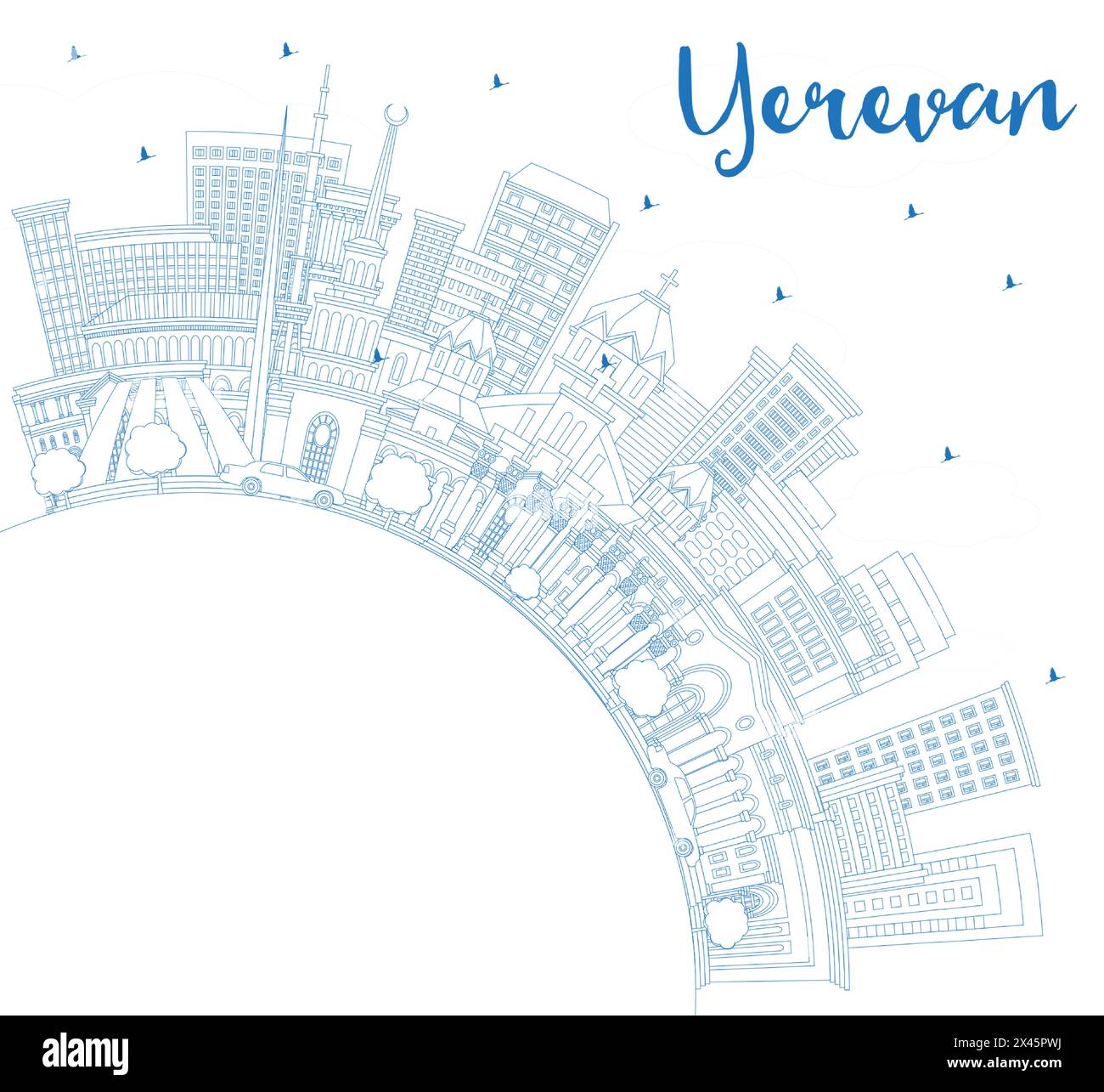 Outline Yerevan Armenia City Skyline with Blue Buildings and Copy Space. Vector Illustration. Yerevan Cityscape with Landmarks. Stock Vector