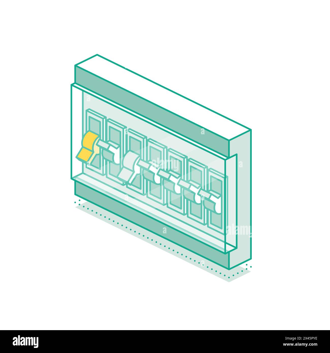 Isometric electrical panel with switches, fuse, contactor and automatic circuit breaker. Outline switchboard box. Power distribution device. Stock Vector