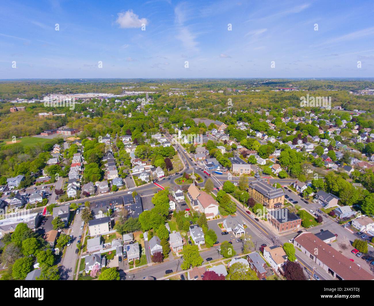 Saugus historic town center aerial view on Main Street in spring