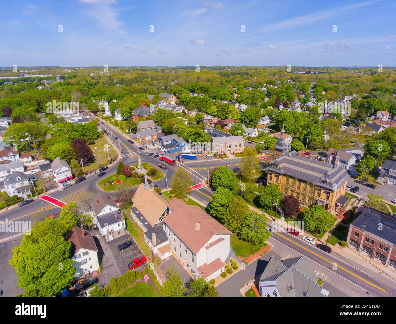Saugus historic town center aerial view on Main Street in spring