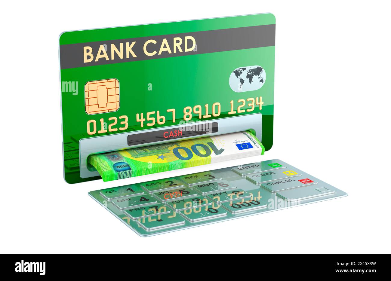 Credit bank card as ATM machine with euros. Withdrawing euro banknotes, 3D rendering isolated on white background Stock Photo