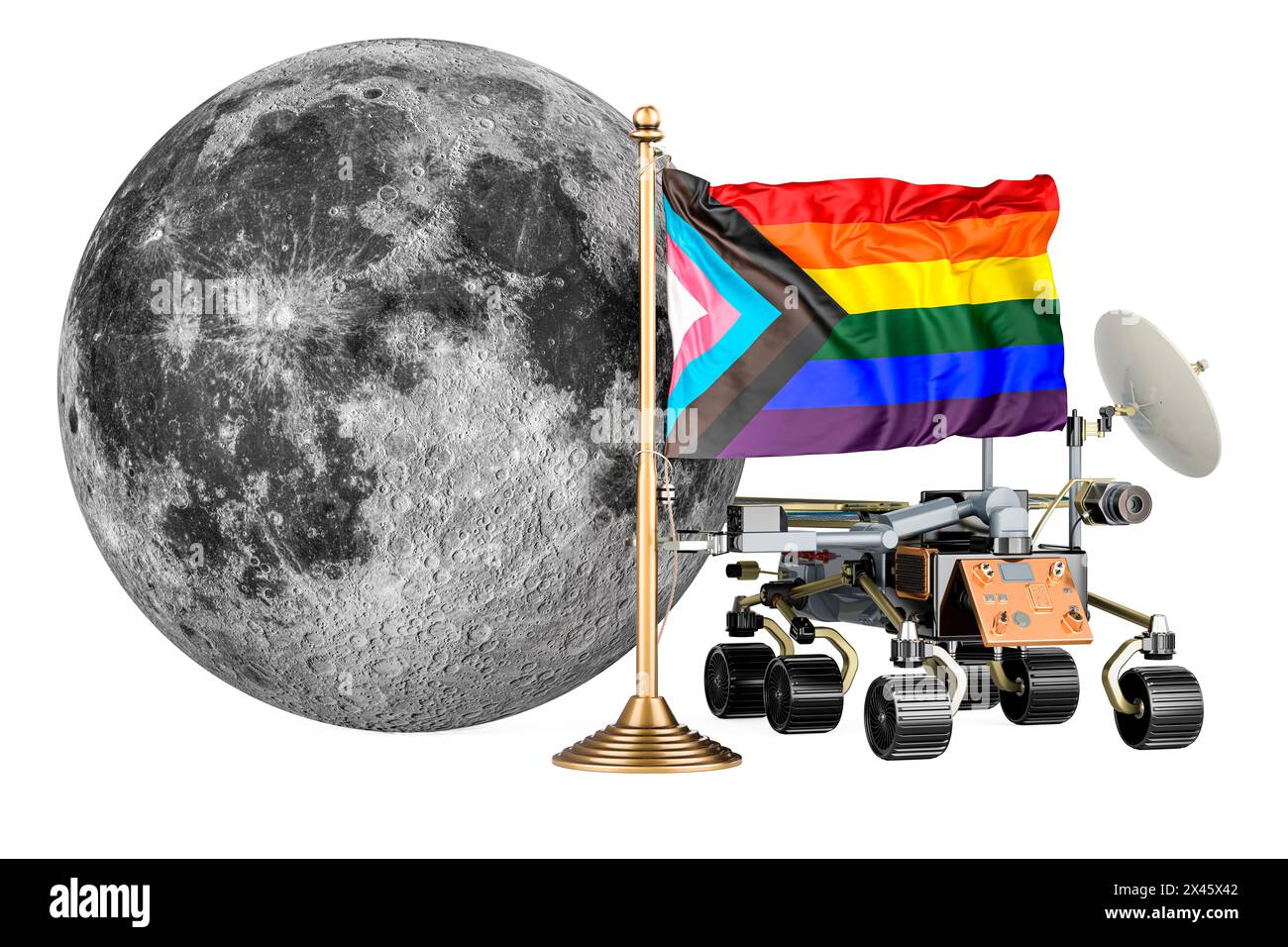 Planetary rover with Moon and LGBTQ flag. 3D rendering isolated on background Stock Photo
