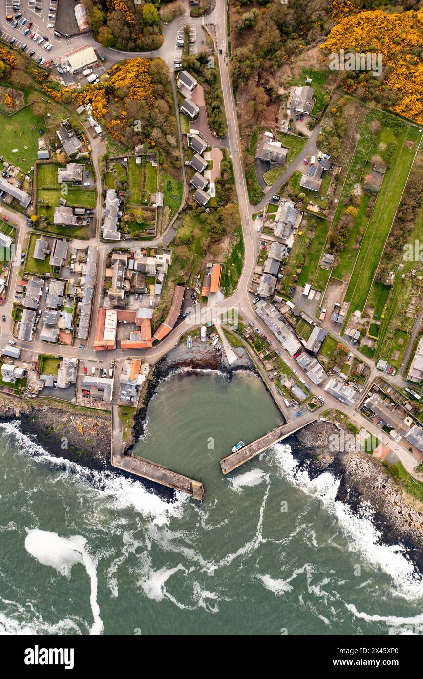 Aerial landscape panorama directly above the Northumberland fishing ...