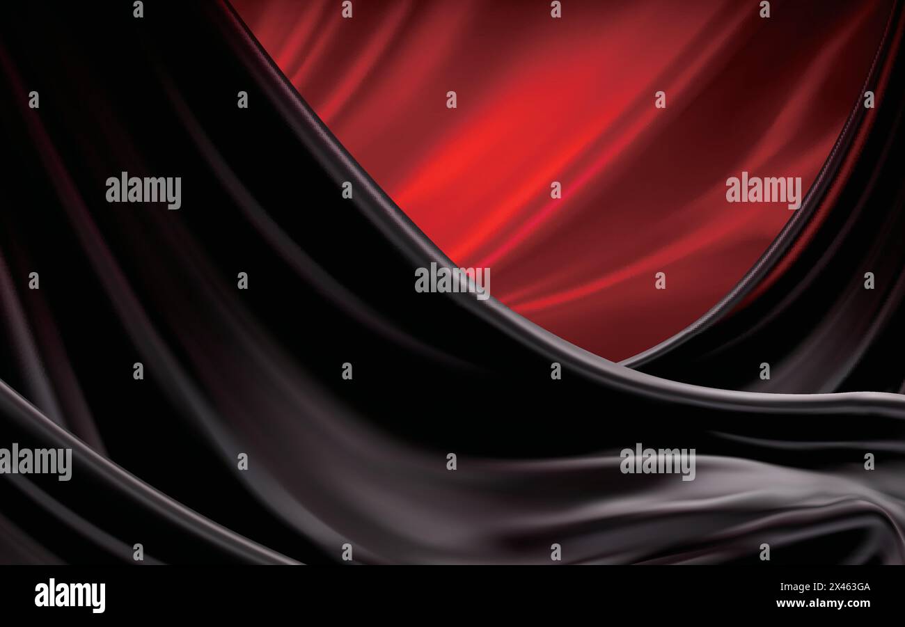 Luxury black and red satin, silk fabric background in 3d illustration, drapes down from top Stock Vector