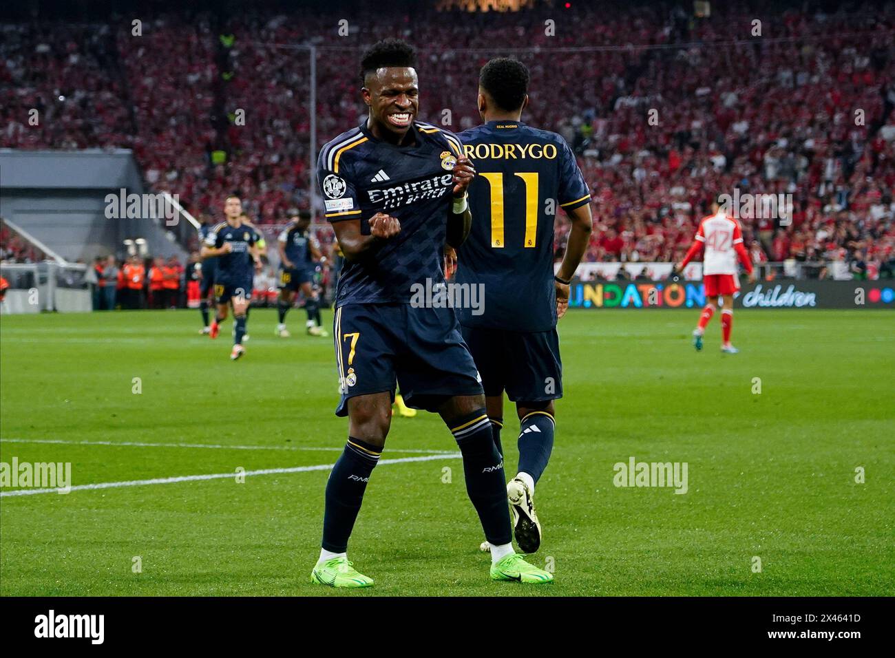 Munich, Germany. 30th Apr, 2024. Vinicius Junior of Real Madrid celebrates after scoring the 0-1 during the UEFA Champions League match, Semi-finals, first leg, between Bayern Munchen and Real Madrid played at Allianz Stadium on April 30, 2024 in Munich, Germany. (Photo by Bagu Blanco/PRESSINPHOTO) Credit: PRESSINPHOTO SPORTS AGENCY/Alamy Live News Stock Photo