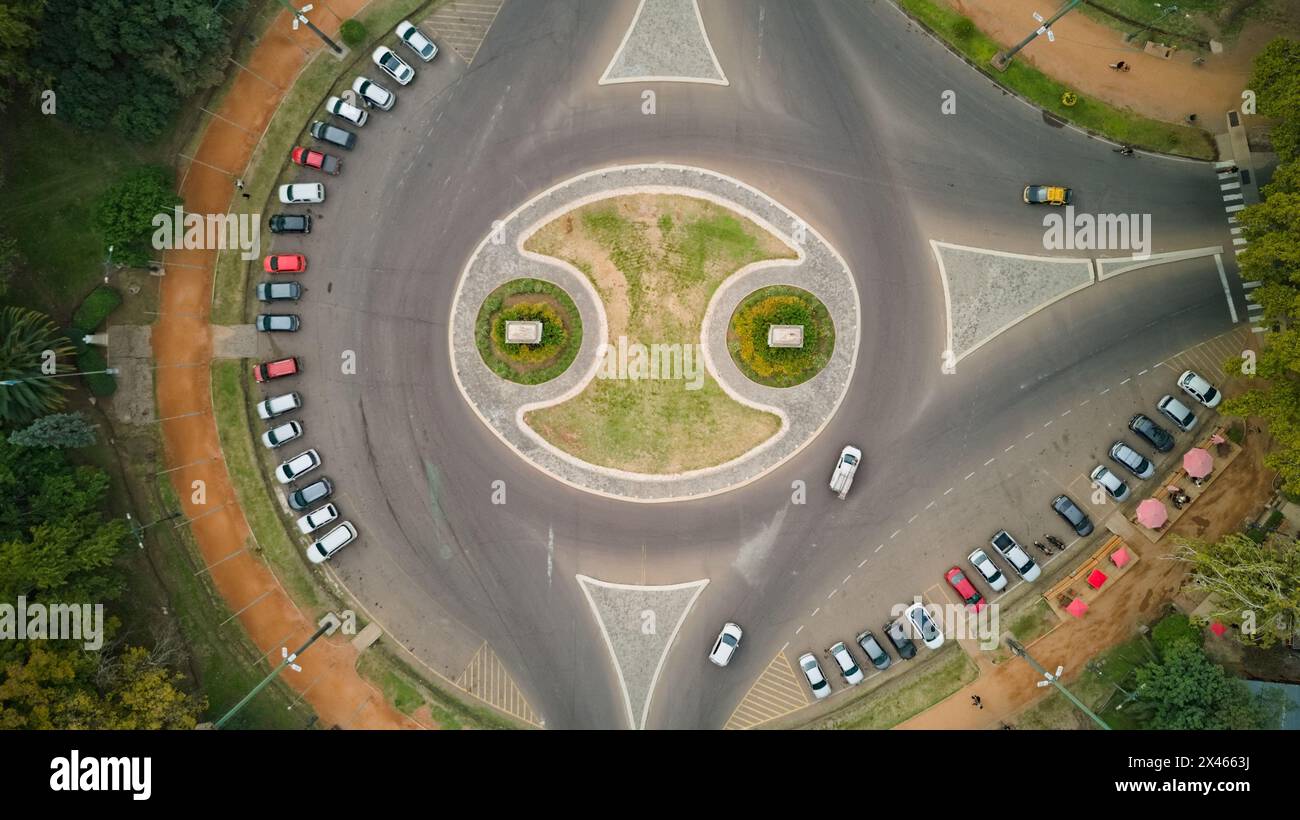 Roundabout in Park San Martin, in Mendoza, Argentina. Aerial view. Stock Photo