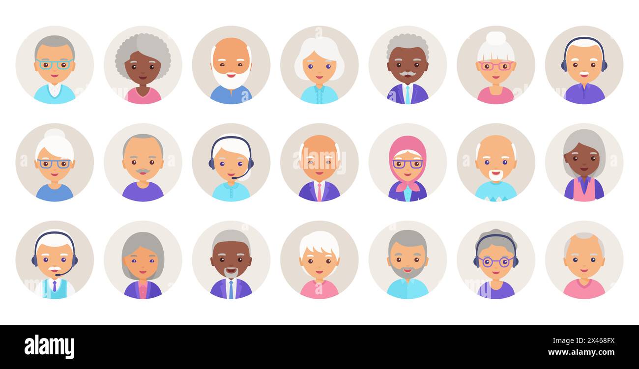 Old people avatar. Vector.  Elderly person, seniors icons in flat design. Set happy grandfathers and grandmothers faces. Group retired grandparents ch Stock Vector