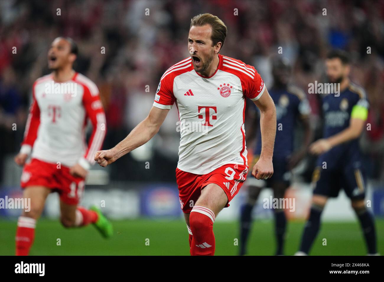 Munich, Germany. 30th Apr, 2024. Harry Kane of Bayern Munchen celebrates after scoring the 2-1 during the UEFA Champions League match, Semi-finals, first leg, between Bayern Munchen and Real Madrid played at Allianz Stadium on April 30, 2024 in Munich, Germany. (Photo by Bagu Blanco/PRESSINPHOTO) Credit: PRESSINPHOTO SPORTS AGENCY/Alamy Live News Stock Photo