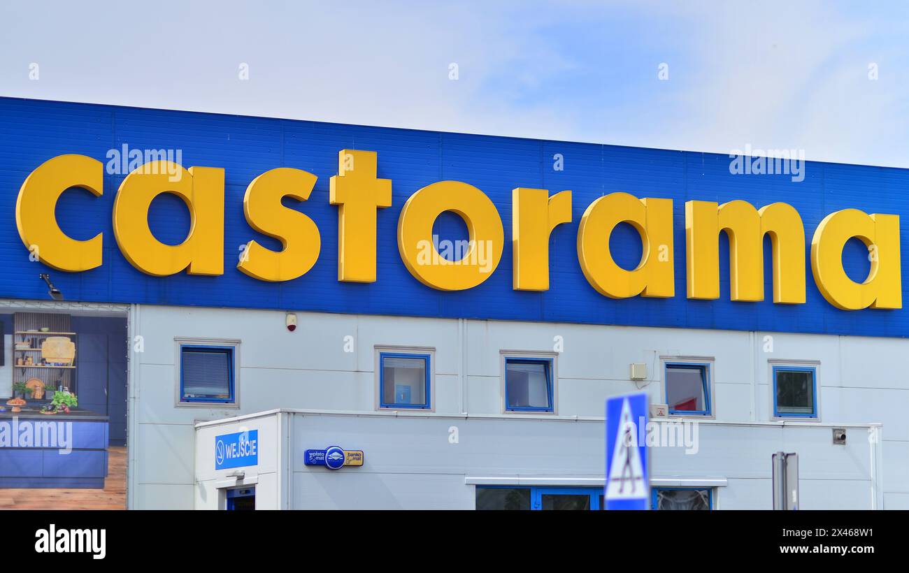 Warsaw, Poland. 28 April 2024. Signboard with brand logo of Castorama