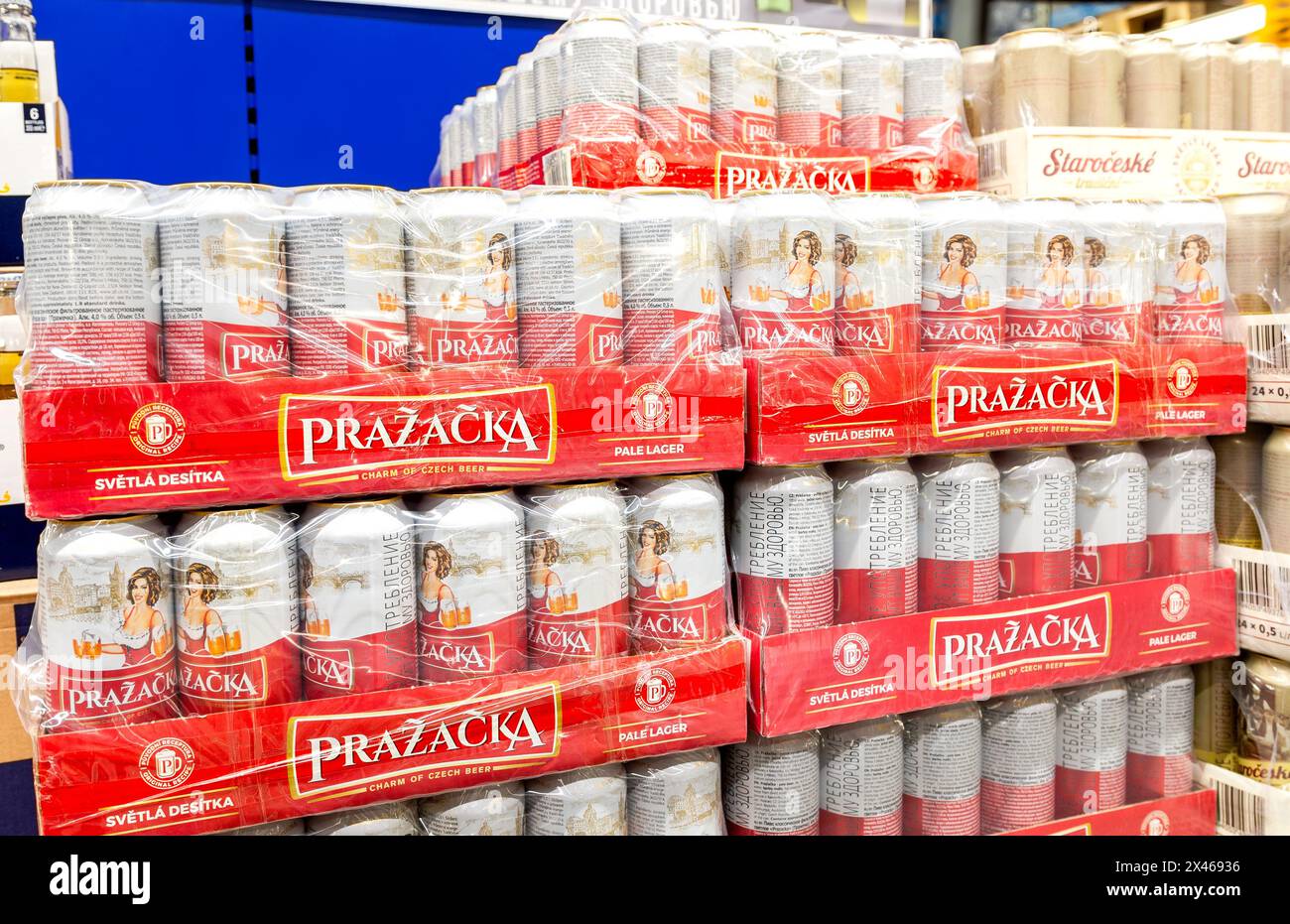 Samara, Russia - April 6, 2024: Prazacka Czech bottled light beer ...