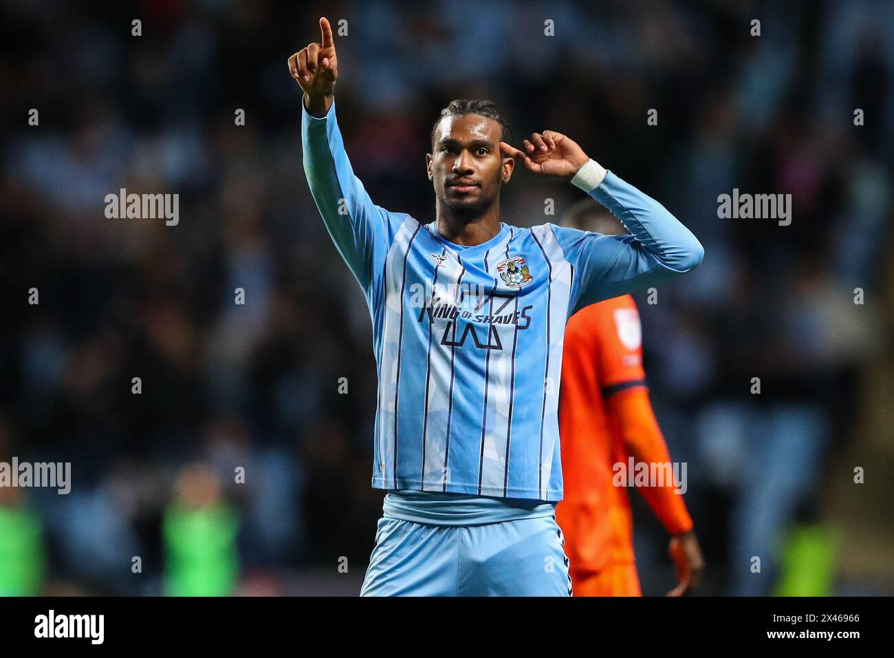 Haji Wright of Coventry City celebrates his goal to make it 1-1 during the Sky Bet Championship match Coventry City vs Ipswich Town at Coventry Building Society Arena, Coventry, United Kingdom, 30th April 2024  (Photo by Gareth Evans/News Images) Stock Photo
