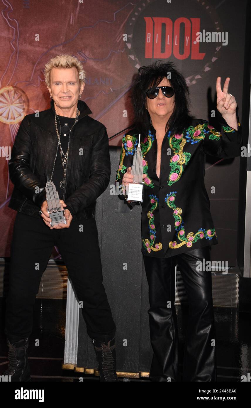 New York, NY, USA. 30th Apr, 2024. Billy Idol and Steve Stevens pictured as Billy Idol and Steve Stevens light the Empire State Building to celebrate the 40th Anniversary of Billy Idol's ‘Rebel Yell' on April 30, 2024 in New York City. Credit: Mpi099/Media Punch/Alamy Live News Stock Photo