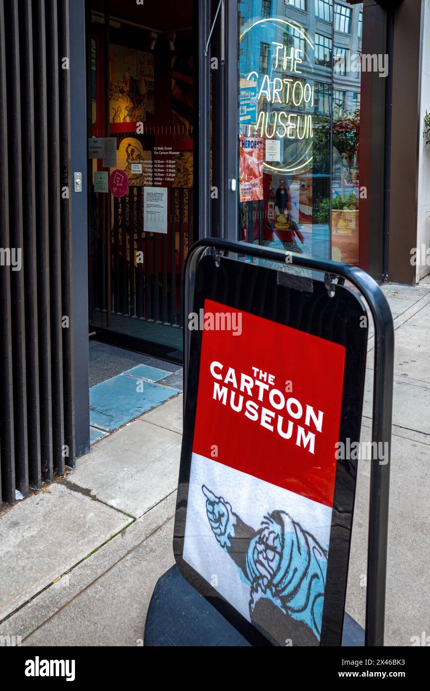 The Cartoon Museum London at 63 Wells St, Fitzrovia, London. Founded in 2006, current location from 2019. Stock Photo