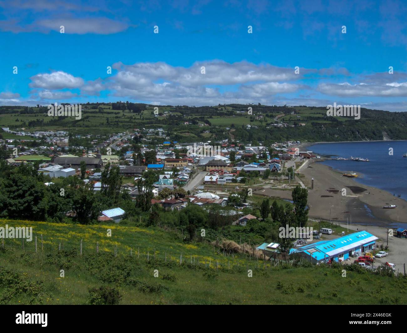 The town of Achao on the island of Quinchao in the Chiloe Archipeligo in Chile. Stock Photo