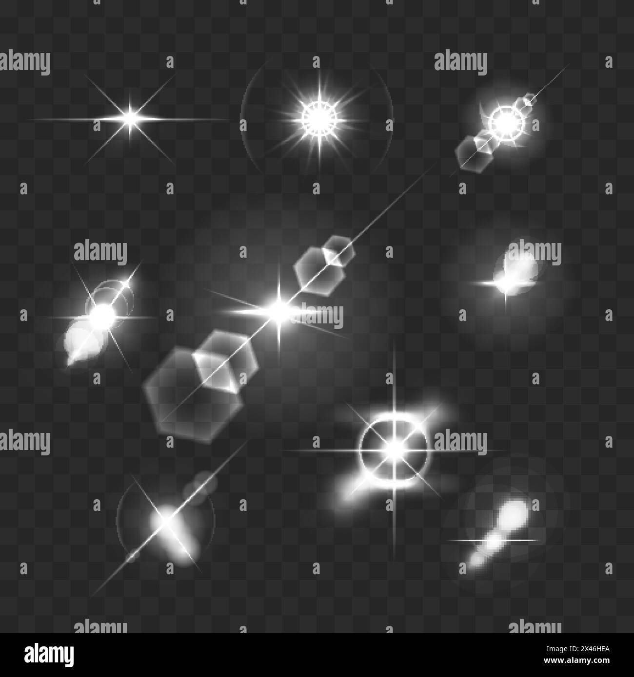 Realistic lens flares star lights and glow white elements on