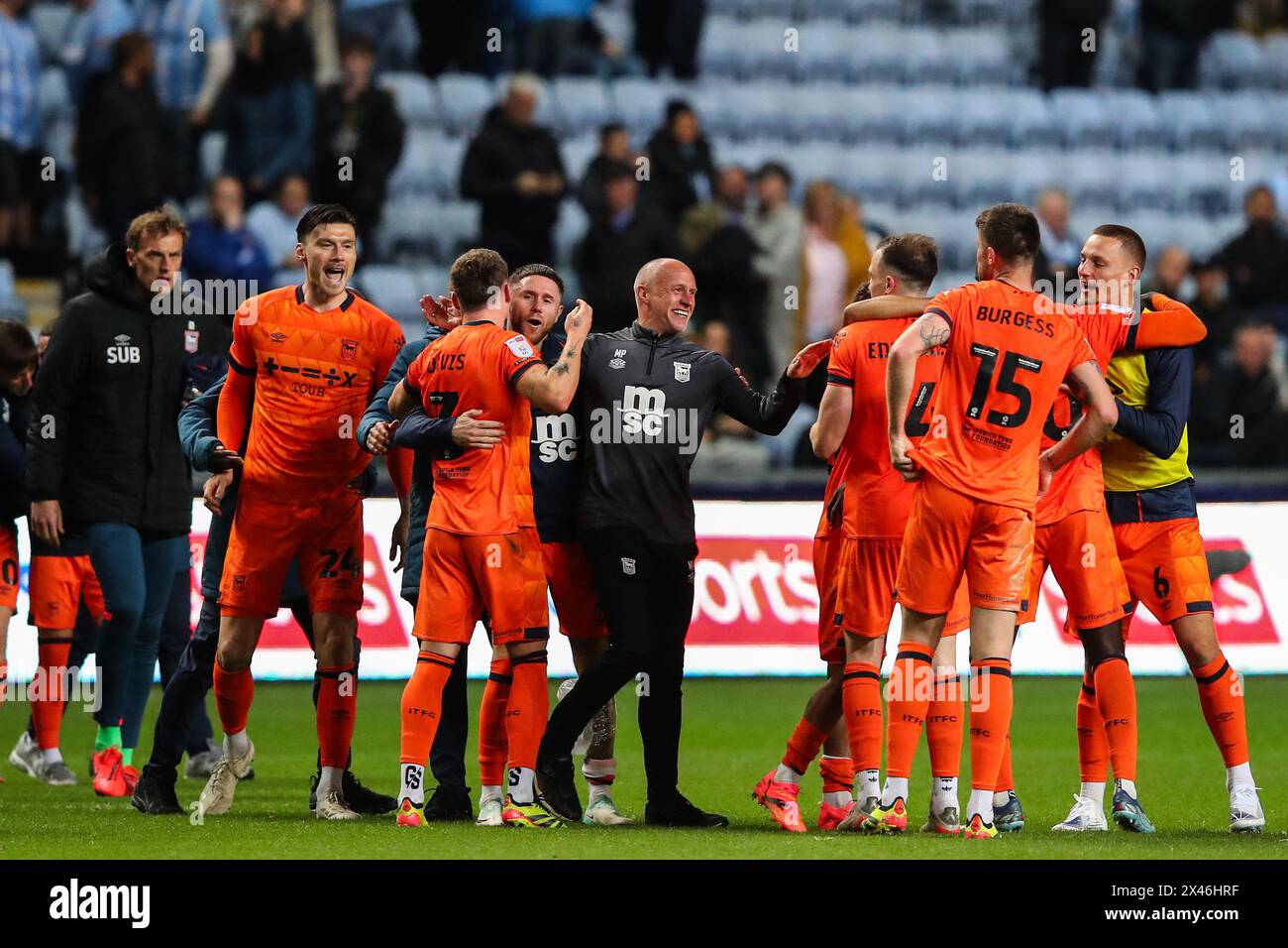 Ipswich Town players celebrate their teams win after the Sky Bet Championship match Coventry City vs Ipswich Town at Coventry Building Society Arena, Coventry, United Kingdom, 30th April 2024  (Photo by Gareth Evans/News Images) Stock Photo