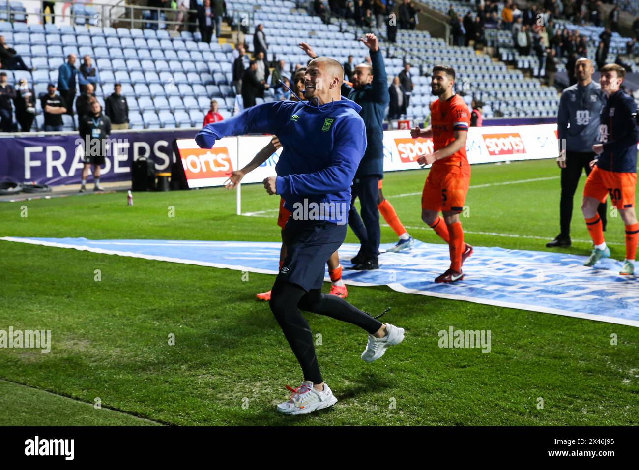 Harry Clarke of Ipswich Town celebrates his teams win after the Sky Bet Championship match Coventry City vs Ipswich Town at Coventry Building Society Arena, Coventry, United Kingdom, 30th April 2024  (Photo by Gareth Evans/News Images) Stock Photo
