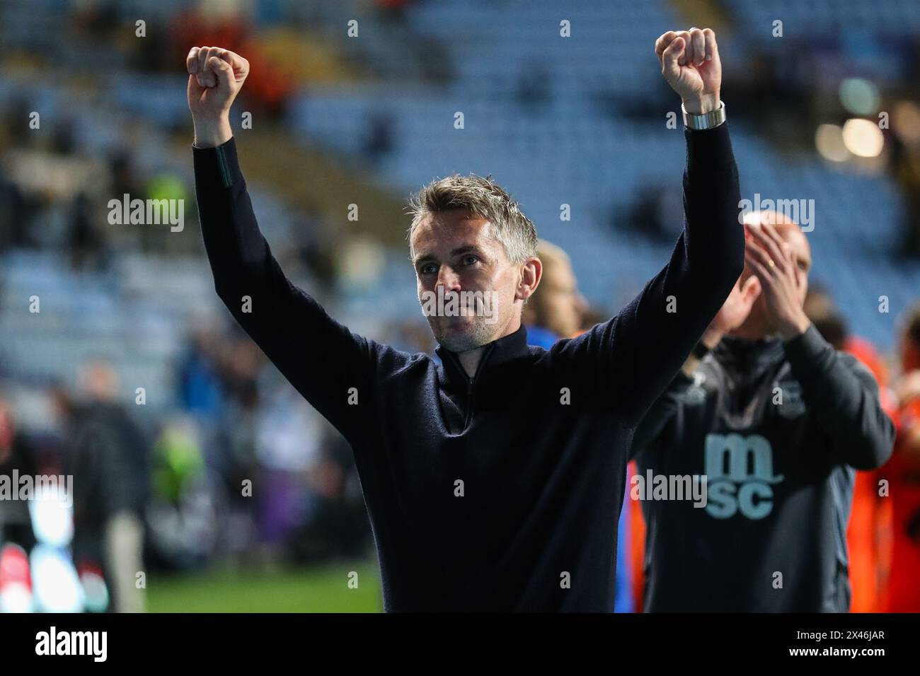 Kieran McKenna manager of Ipswich Town celebrates his teams win after the Sky Bet Championship match Coventry City vs Ipswich Town at Coventry Building Society Arena, Coventry, United Kingdom, 30th April 2024  (Photo by Gareth Evans/News Images) Stock Photo