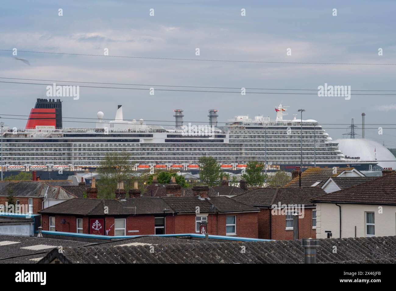 30 April 2024. Southampton, UK. Cunard's brand new luxury Cruise ship, the Queen Anne arrives at Mayflower Cruise Terminal, berth 106.The Queen Anne cruise liner will depart on her maiden voyage from Southampton to Lisbon on May 3, 2024 Stock Photo