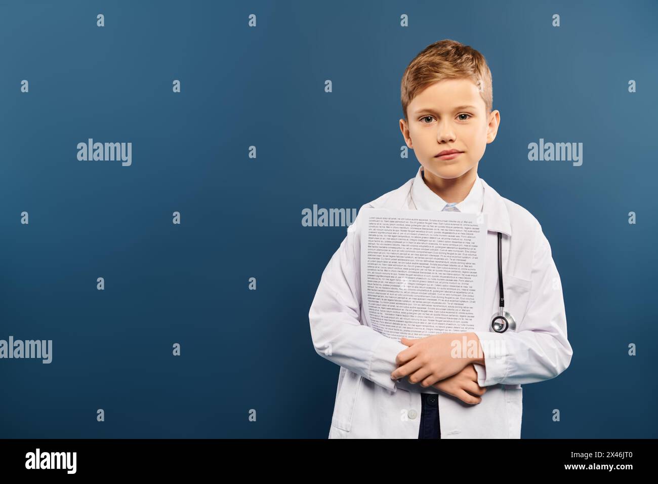 Young boy in white shirt and tie playing doctor with stethoscope on. Stock Photo