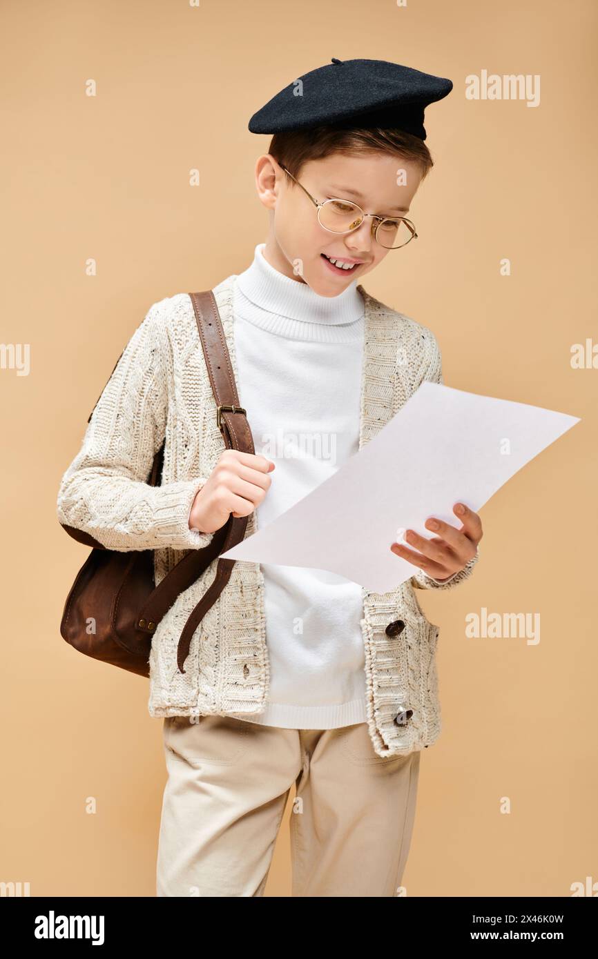 Young boy in glasses and hat, holding paper, dressed as a film director. Stock Photo