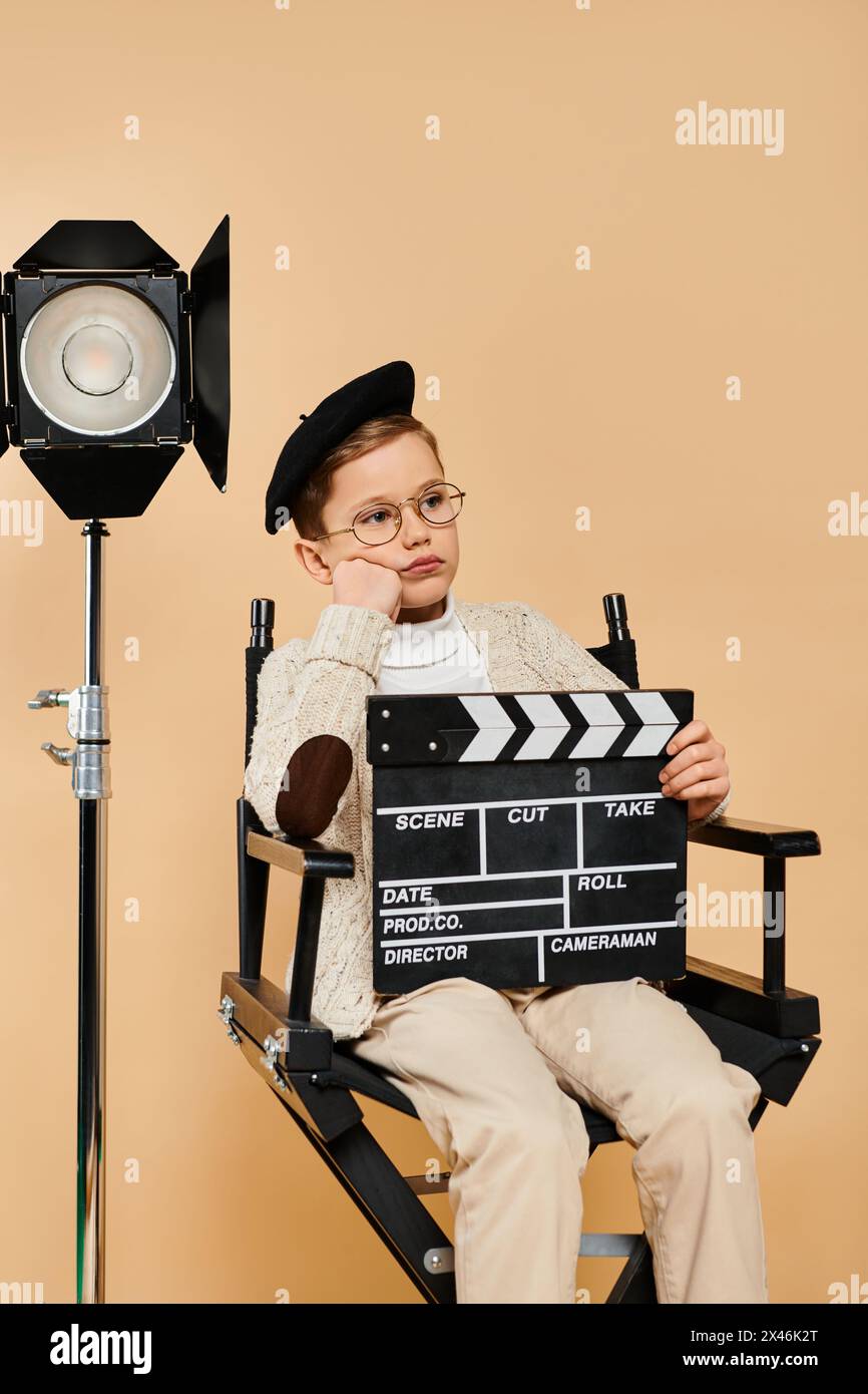 Preadolescent boy dressed as film director sits in chair, holding movie slate. Stock Photo