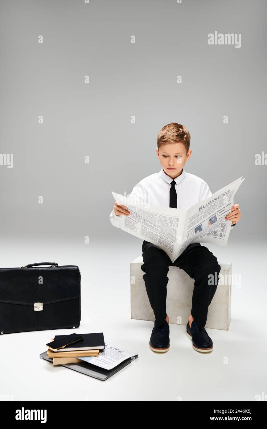 Young boy in elegant attire reading newspaper while seated on stool. Stock Photo