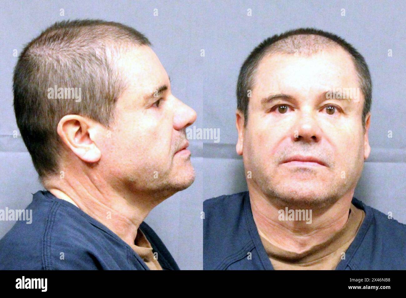 2017 , 19 january , USA : The Mexican criminal Joaquin EL CHAPO Guzman Loera ( born 1957 ), The Prince of Cocaine . Leader within the Sinaloa Cartel , an international crime syndicate. He is considered to have been one of the most powerful drug traffickers in the world.Booking photo after he arrived in the United States following his extradition from Mexico in 2017 . Police mugshot by DEA . - FOTO STORICHE - HISTORY - portrait -  foto segnaletica - El Rápido - mug-shot - mug shot - mugshot - ritratto - CRONACA NERA - CRIME - ASSASSINO - KILLER - CRIMINALE - MESSICO - MEXICO - TRAFFICANTE DI DR Stock Photo