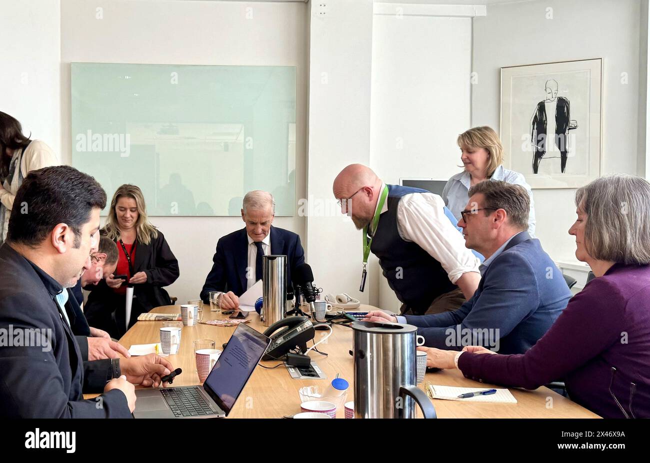 Oslo, Norway. 30th Apr, 2024. Norwegian Prime Minister Jonas Gahr Store (C) meets with foreign journalists in Oslo, Norway, on April 30, 2024. Store said Tuesday that his government will enhance cooperation with China. Credit: Chen Yaqin/Xinhua/Alamy Live News Stock Photo