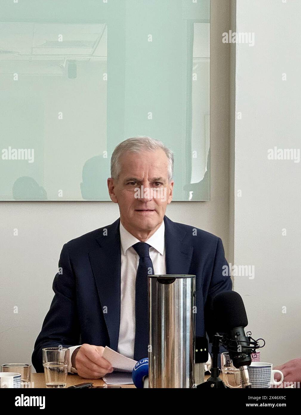 Oslo, Norway. 30th Apr, 2024. Norwegian Prime Minister Jonas Gahr Store speaks during a meeting with foreign journalists in Oslo, Norway, on April 30, 2024. Store said Tuesday that his government will enhance cooperation with China. Credit: Chen Yaqin/Xinhua/Alamy Live News Stock Photo